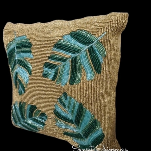 PACIFIC Paradise GOLD Green Teal Aqua Beaded Palm Leaf Tropical Throw Pillow New - Picture 8 of 13